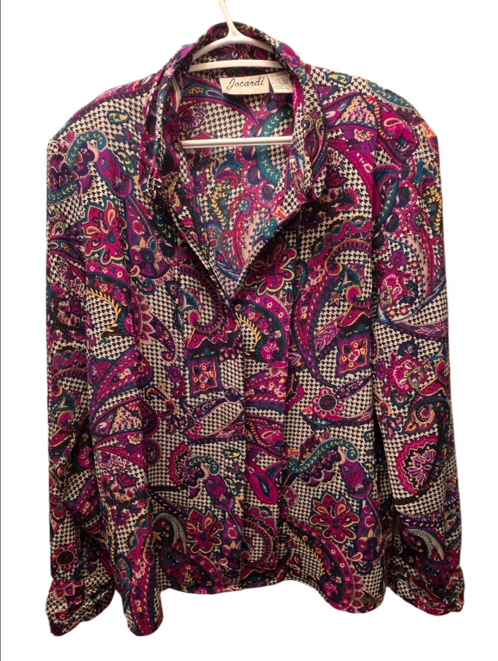 Vintage 90s Jocardi Paisley Houndstooth Blouse Size 14 Maximalist Shoulder Pads
